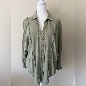 Listicle McClure Button Down Long Sleeve  Blouse Rayon/linen Blend Olive Green S